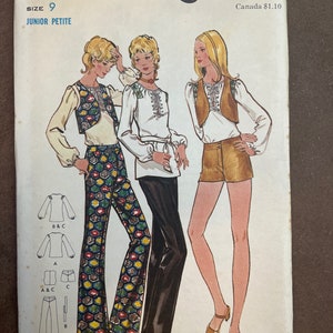 May include: A vintage sewing pattern for a junior petite or misses' outfit. The pattern includes a top, vest, and trousers or shorts. The pattern is from Butterick and is size 9. The pattern number is 6285 and the price is £1.00.