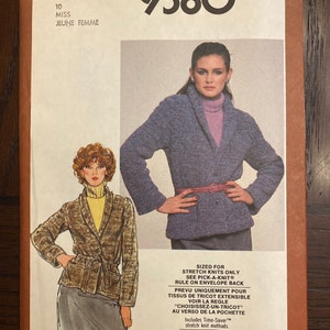 May include: Simplicity sewing pattern number 9580 for a miss or jeune femme. The pattern is for a stretch knit jacket with a collar and a belt. The pattern is sized for stretch knits only. The pattern includes time-saver stretch knit methods.