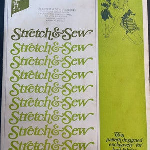 May include: A vintage sewing pattern for children's body suits, sizes 1-2-4-6-8-10-12. The pattern is designed exclusively for knit fabrics by Ann Person. The pattern cover features a green and white design with the text "Stretch & Sew" repeated multiple times.