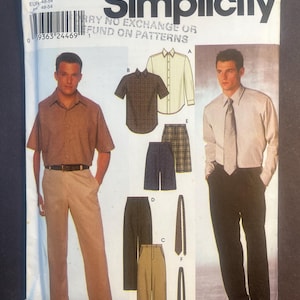 May include: A Simplicity sewing pattern envelope 9469 for shirts, trousers, shorts, and ties. The front displays illustrations of various garment styles, including short and long-sleeved shirts, trousers, shorts, and neckties, with size range AA 38, 40, 42, 44.