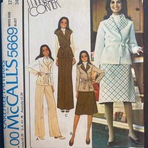 May include: A vintage sewing pattern for a women's unlined jacket or vest, skirt, and trousers. The pattern is from McCall's and is number 5669. The pattern is for sizes 12 and 34. The pattern is for a bust size of 86 cm.