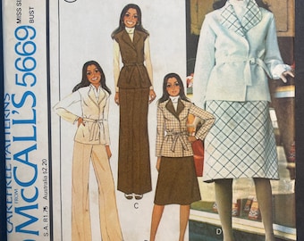 Jacket or Vest Skirt and Pants Vintage 1977 Womens Misses Sewing Pattern McCalls 5669 Uncut Size 12