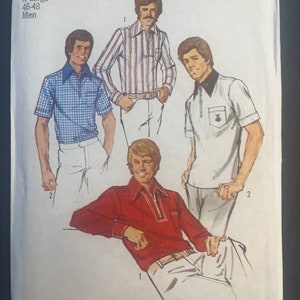 May include: A vintage Simplicity sewing pattern for men's shirts. The pattern number is 6482 and the size is X Large (46-48). The pattern is for stretch knits only. The pattern shows three different shirt styles, including a striped shirt, a plaid shirt, and a solid shirt.