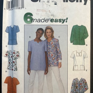 May include: A sewing pattern for making scrubs. The pattern includes instructions for making a variety of styles, including a short-sleeved scrub top, a long-sleeved scrub top, and a pair of scrub pants. The pattern is for sizes 8, 10, and 12. The pattern is from Simplicity and is labelled "made easy!"