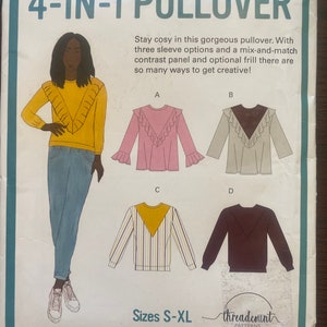 May include: A sewing pattern for a 4-in-1 pullover with three sleeve options and a mix-and-match contrast panel. The pattern includes four different styles: A, B, C, and D. Sizes S-XL. Threadcount Patterns.