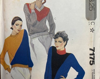 Stretch Knit Long Sleeve Pullover Top Vintage 1980 Womens Misses Sewing Pattern McCalls 7175 Uncut Size Small 10-12