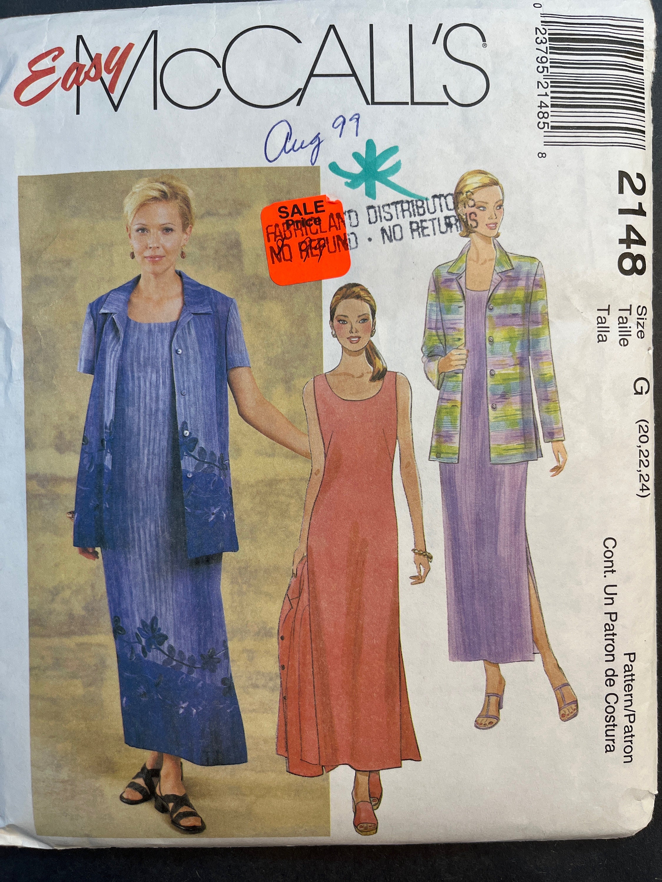 Scoop Neckline Dress and Jacket Womens Misses Sewing Pattern Mccalls ...