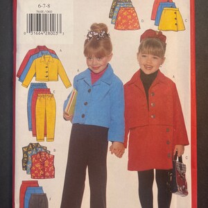May include: A sewing pattern for kids clothing, featuring two girls wearing different outfits. The pattern is for sizes 6-7-8 and is from Butterick. The pattern includes a jacket, skirt, pants, and a vest.