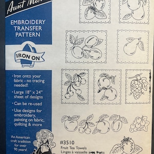 May include: Iron-on embroidery transfer pattern sheet with designs for fruit tea towels. The sheet includes 46 cm x 61 cm designs for embroidery, painting, quilting, and more.  The sheet is from Aunt Martha's and is #3510.