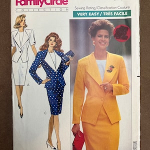 May include: A sewing pattern for a women's suit. The pattern is for sizes 6-8-10 and is rated as very easy to sew. The pattern includes a jacket, skirt, and a blouse. The jacket is yellow, the skirt is blue with white polka dots, and the blouse is white with a blue collar.