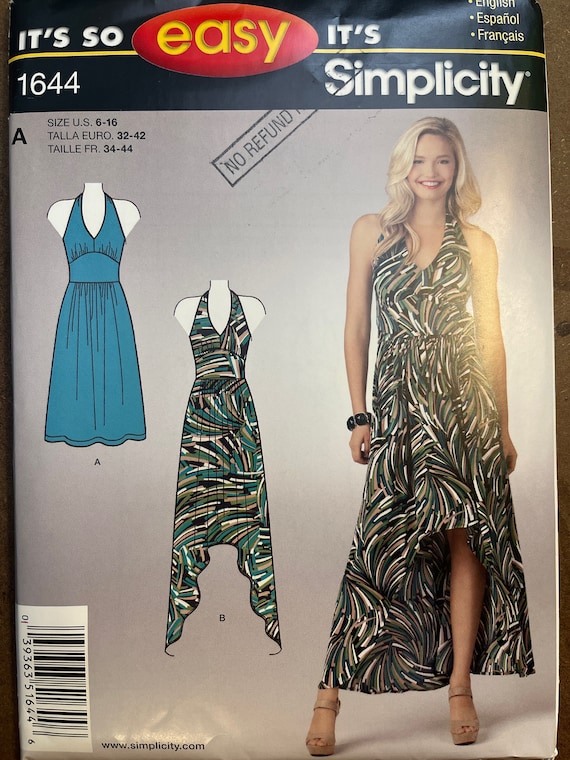 Halter Neckline Dress in Two Variations Womens Misses Sewing Pattern  Simplicity 1644 Uncut Size 6 8 10 12 14 16