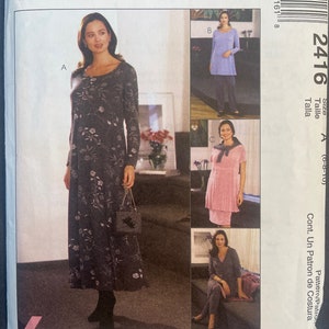 May include: A sewing pattern for a trio of dresses. The pattern is for sizes 6-8-10 and is called McCall's 2416. The pattern includes three different styles of dresses, all with long sleeves. The first dress is a long, flowing dress with a floral print. The second dress is a shorter, more fitted dress with a solid colour. The third dress is a casual, everyday dress with a solid colour.