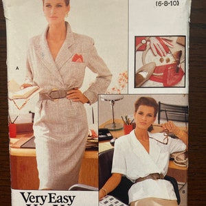 May include: A sewing pattern for a career woman's outfit. The pattern includes a blazer with a pocket and a blouse with a collar. The pattern is for sizes 6-8-10. The pattern is called "Very Easy Very Vogue career".