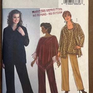 May include: A sewing pattern for women's trousers and tops. The pattern includes three different styles: a pair of wide-leg trousers, a long-sleeved top with a V-neck, and a poncho-style top with fringe. The pattern is for sizes 18W-20W-22W-24W (36-38-40-42). The pattern is from Butterick and has the number B4303.