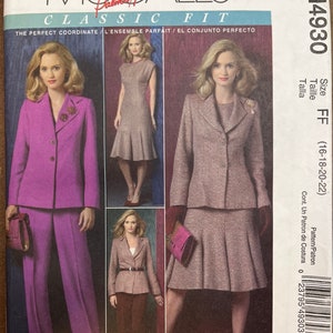 May include: A sewing pattern for a classic fit suit with a skirt and jacket. The pattern is for sizes 16-18-20-22. The pattern is from McCall's and is called "Classic Fit".