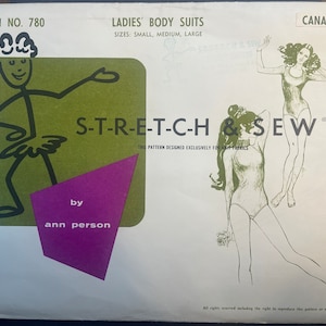 May include: A vintage sewing pattern for ladies' body suits. The pattern is called "S-T-R-E-T-C-H & SEW" and is designed exclusively for knit fabrics. The pattern is by Ann Person and is for sizes small, medium, and large. The pattern is from 1972.