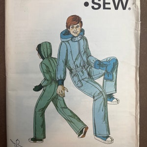 May include: A vintage sewing pattern for a blue and green jumpsuit. The pattern is for ages 10-12-14 and is from Kwik Sew Pattern Co., Inc. The pattern number is 864.