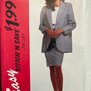 May include: A sewing pattern for a black and white gingham blazer and skirt. The pattern is from McCall's and is called "Easy Stitch 'N Save". The pattern number is 6360 and the size is 8-10-12-14.