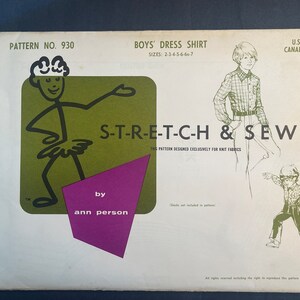 May include: A vintage sewing pattern envelope for a boy's dress shirt. The pattern is called "Stretch & Sew" and is designed for knit fabrics. The envelope features a cartoon illustration of a stick figure wearing a skirt and a purple triangle with the words "by ann person".
