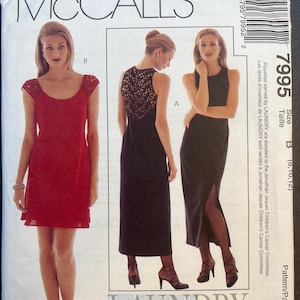 May include: A McCall's sewing pattern envelope featuring three dress designs. The envelope displays images of the dresses, including a red mini-dress, a black dress with a lace back, and a black dress with a side slit. The pattern is by Shelli Segal.