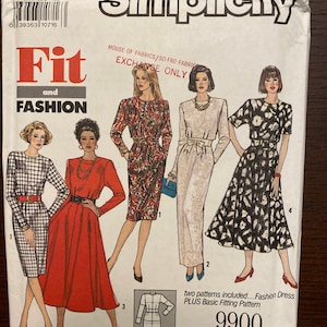May include: Simplicity sewing pattern number 9900 for a dress. The pattern includes two patterns: a fashion dress and a basic fitting pattern. The pattern is for sizes 8-14.