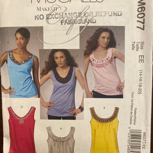 Sleeveless Petite Pullover Tops Womens Misses Sewing Pattern McCalls Make it Crafty 6077 Uncut Size 14 16 18 20
