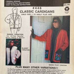 May include: A sewing pattern for a classic cardigan, with variations for ribbed, blanket, and banded front styles. The pattern is for sizes child size 2 to adult plus size. The pattern is printed on recycled paper. The pattern is #446 and costs £5.98.