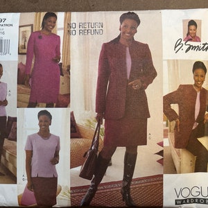 May include: A sewing pattern for a women's suit by B. Smith. The pattern includes a jacket, skirt, and blouse. The pattern is for sizes 12-14-16. The pattern is from Vogue Wardrobe.