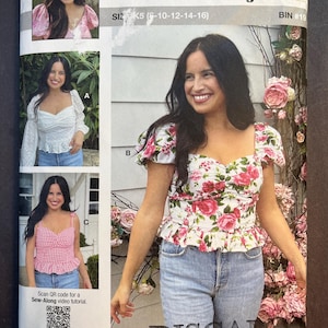 May include: A sewing pattern package featuring a woman in a floral top. The package includes the text "knowME" and "ALISSAH THREADS". The size range is K5 (6-10-12-14-16). The package also includes a QR code for a sew-along video tutorial.