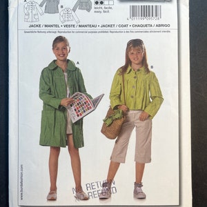 Loose Fitting Jacket in Two Variations Girls Sewing Pattern Burda 9572 Uncut Size 8 9 10 11 12 13J 14J