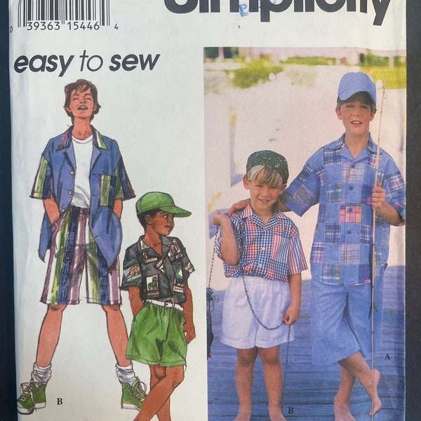 Shorts in Two Lengths Camp Shirt and Cap Boys Sewing Pattern Simplicity 9001 Uncut Size 8 10 12 14