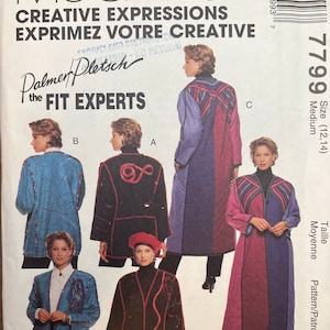 May include: A sewing pattern for a jacket with different colour block designs. The pattern is called "Creative Expressions" and is from McCall's. The pattern is for sizes 12-14.