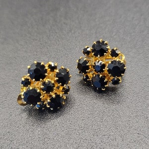 Vintage Gold Tone and Black Rhinestone Clip On Earrings.