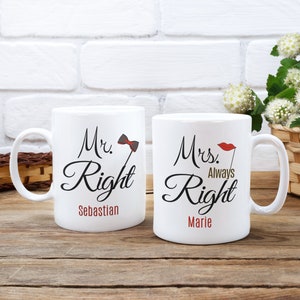 Couple cup with name. MR&MRS RIGHT - gift idea for married couples in love. For Valentine&#39;s Day, wedding/bridal party. Personalizable.