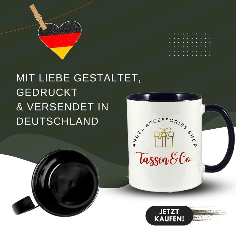 May include: White ceramic mug with a black rim and handle. The mug features a gold logo with the text "Angel Accessories Shop Tassen & Co" and a red and gold gift box illustration. The text "JETZT KAUFEN!" is printed in red on a white background.