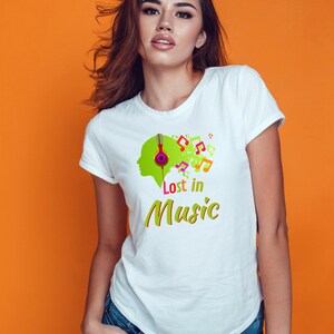 Music and dance t-shirt design with saying: Lost in Music. Short sleeve unisex t-shirt.