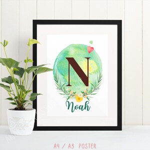 Personalized watercolor poster with floral monogram and name. &quot;Letter A-Z with name&quot;. Gift for a birthday, birth or baptism
