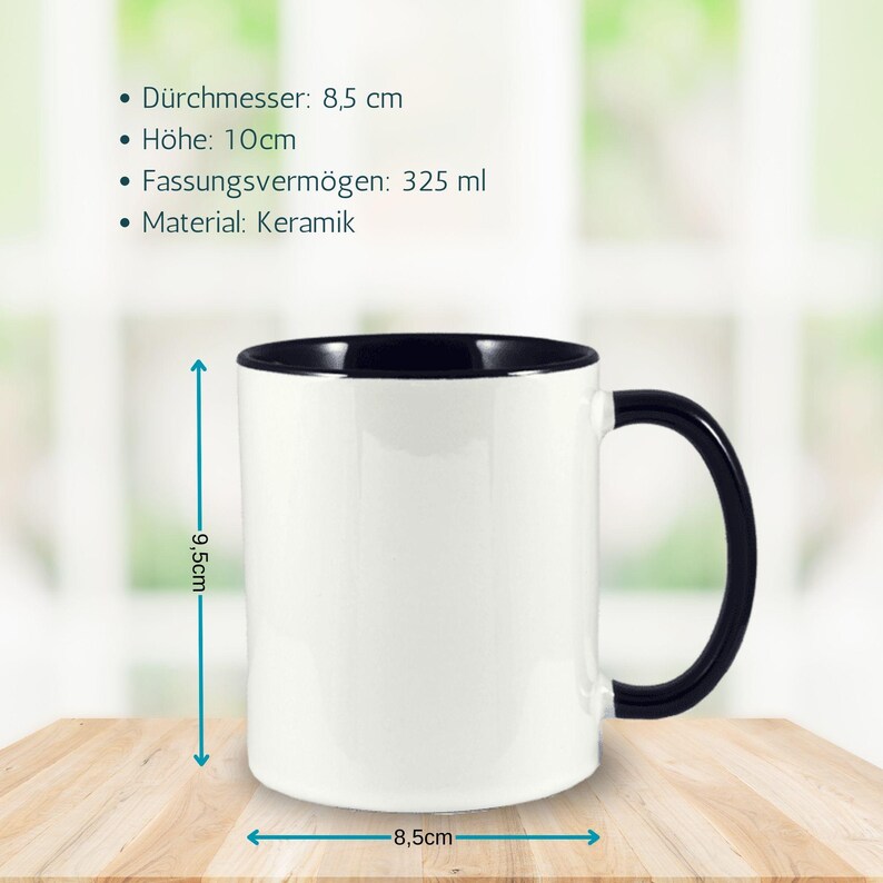 May include: White ceramic mug with a black rim and handle. The mug is 8.5 cm in diameter and 9.5 cm tall. It has a capacity of 325 millilitres.