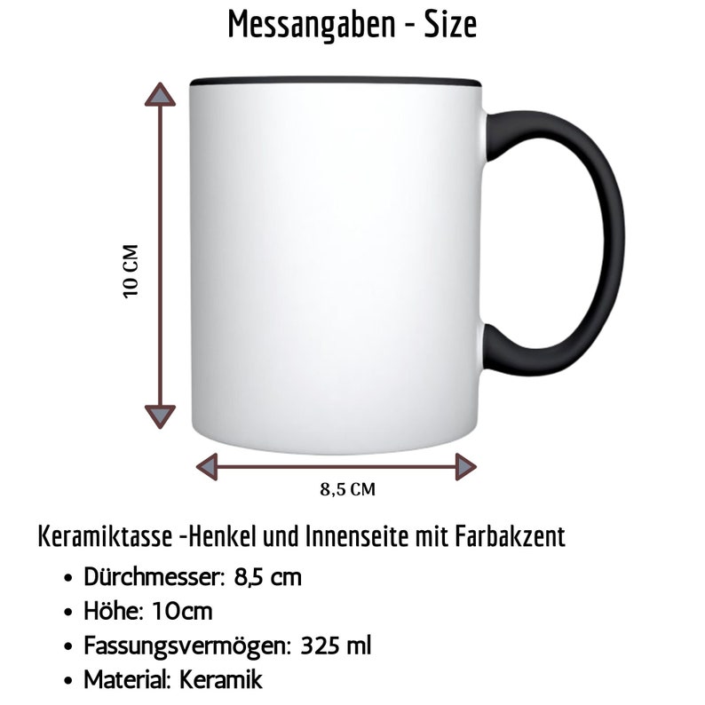 Puede incluir: Taza de cer&aacute;mica blanca con asa y borde negros. La taza tiene un di&aacute;metro de 8,5 cm y una altura de 10 cm. Tiene una capacidad de 325 ml.