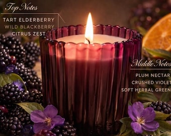 Luxury candle, juicy tart Elderberries in berry colored ribbed glass vessel