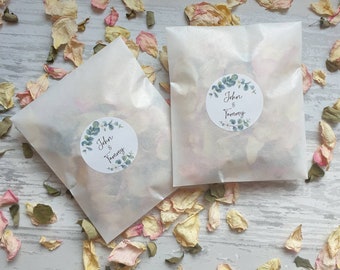 Biodegradable Confetti. Personalised Floral Stickers. Pre filled packets. Wedding confetti. Petal confetti.Confetti Packets. Confetti.