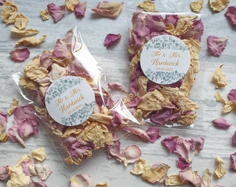 Biodegradable Confetti.  Pre filled packets with personalised stickers. Naturally dried flower petals.  Wedding confetti. Petal confetti.