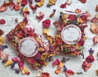 Biodegradable Confetti.  Pre filled packets with personalised stickers. Naturally dried flower petals.  Wedding confetti. Petal confetti.