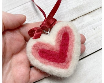 Puffed Valentine Heart, Needle Felted Heart, Wool Heart Ornament, Felted Wool Red White Pink Heart Ornament, Valentine Collection