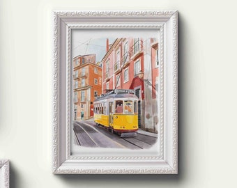 descarga digital - Lisboa Tram Art Print, Lisboa Portugal Wall Art / Pintura de acuarela digital / Impresión de viajes / Calles de Europa