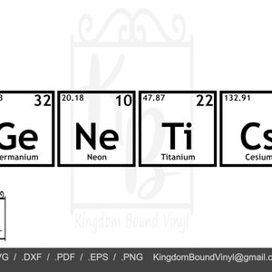 May include: Black and white graphic of four chemical element boxes with the atomic number, symbol, name, and atomic weight of Germanium, Neon, Titanium, and Cesium. The text "Kingdom Bound Vinyl" is below the boxes.