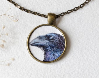 Crow necklace Hand painted crow necklace Crow Watercolour Crow necklace Miniature crow painting Original crow jewellery Gift for her