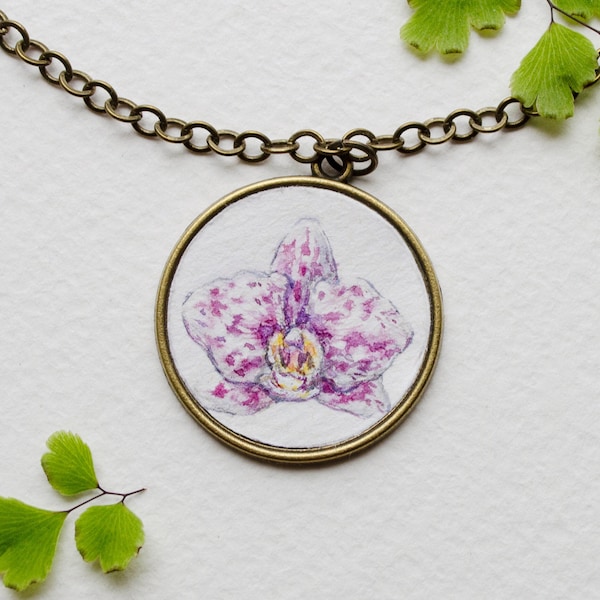 Orchid necklace Hand painted orchid necklace Orchid flower Watercolour orchid necklace Miniature orchid painting Original orchid jewellery