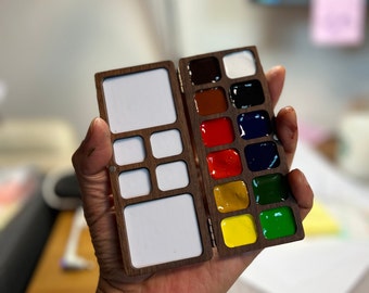 All NEW designed Watercolor Wooden Palette for 12 colors with 6 Mixing area, Urban Sketch, Paint box, Square shape, travel palette