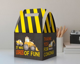 Contruction Theme Party Favor Boxes - It was loads of fun - Under Construction - Thank you for celebrating with me - Stripe Top Favor Box